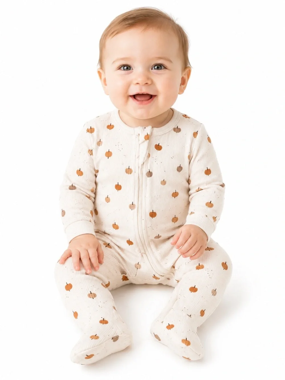 New - Firsts by Petit Lem Cream Pumpkin-Print Footed Onesie